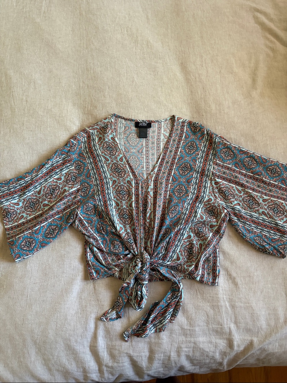 Bohemian Tie-Front Blouse in Blue and Brown